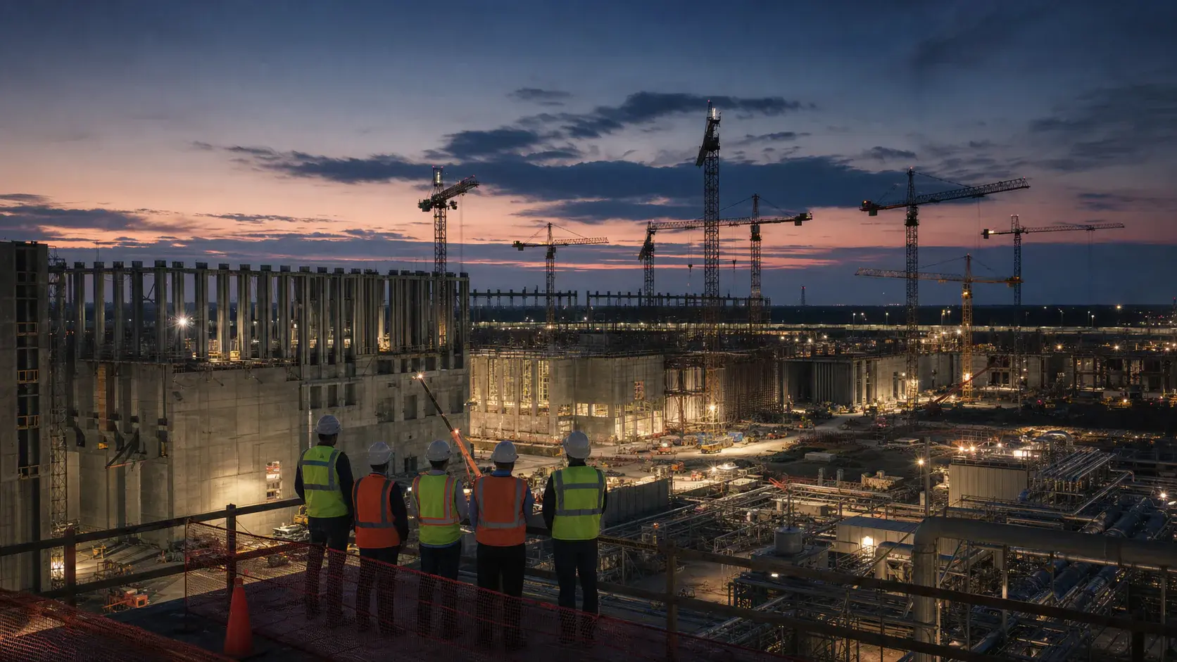 A major data center campus under construction at blue hour