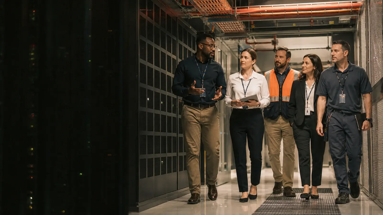 A multidisciplinary team walking through a modern data center
