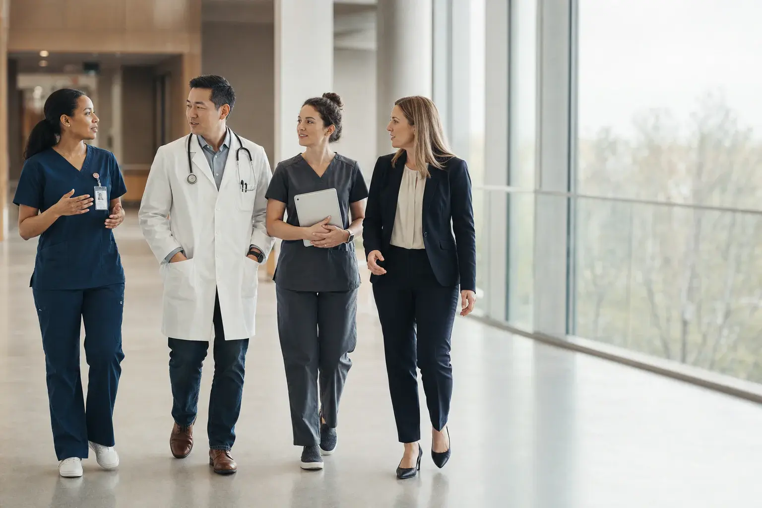 Healthcare professionals collaborating in a modern hospital