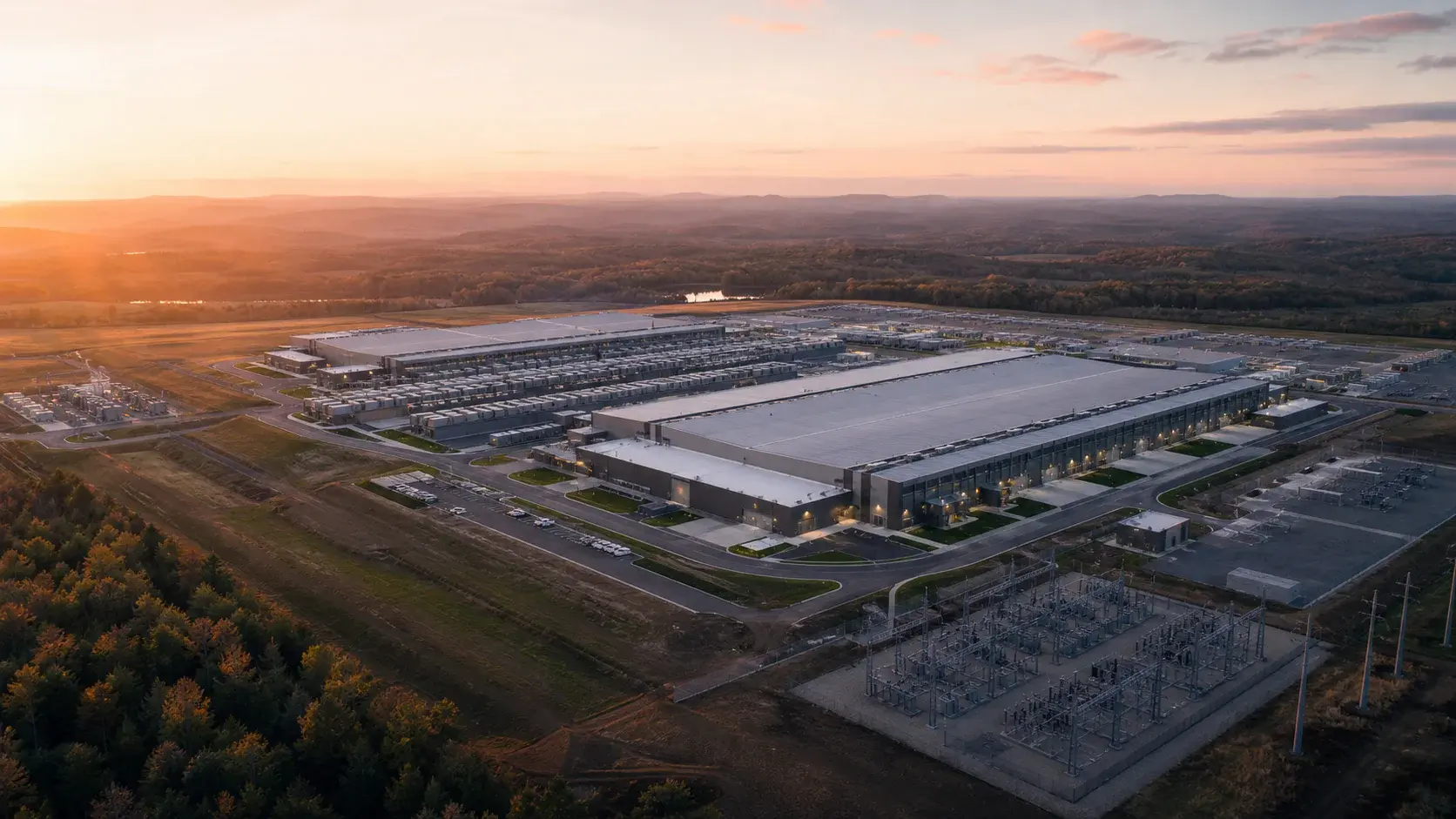 A grand-scale hyperscale data center campus at sunrise
