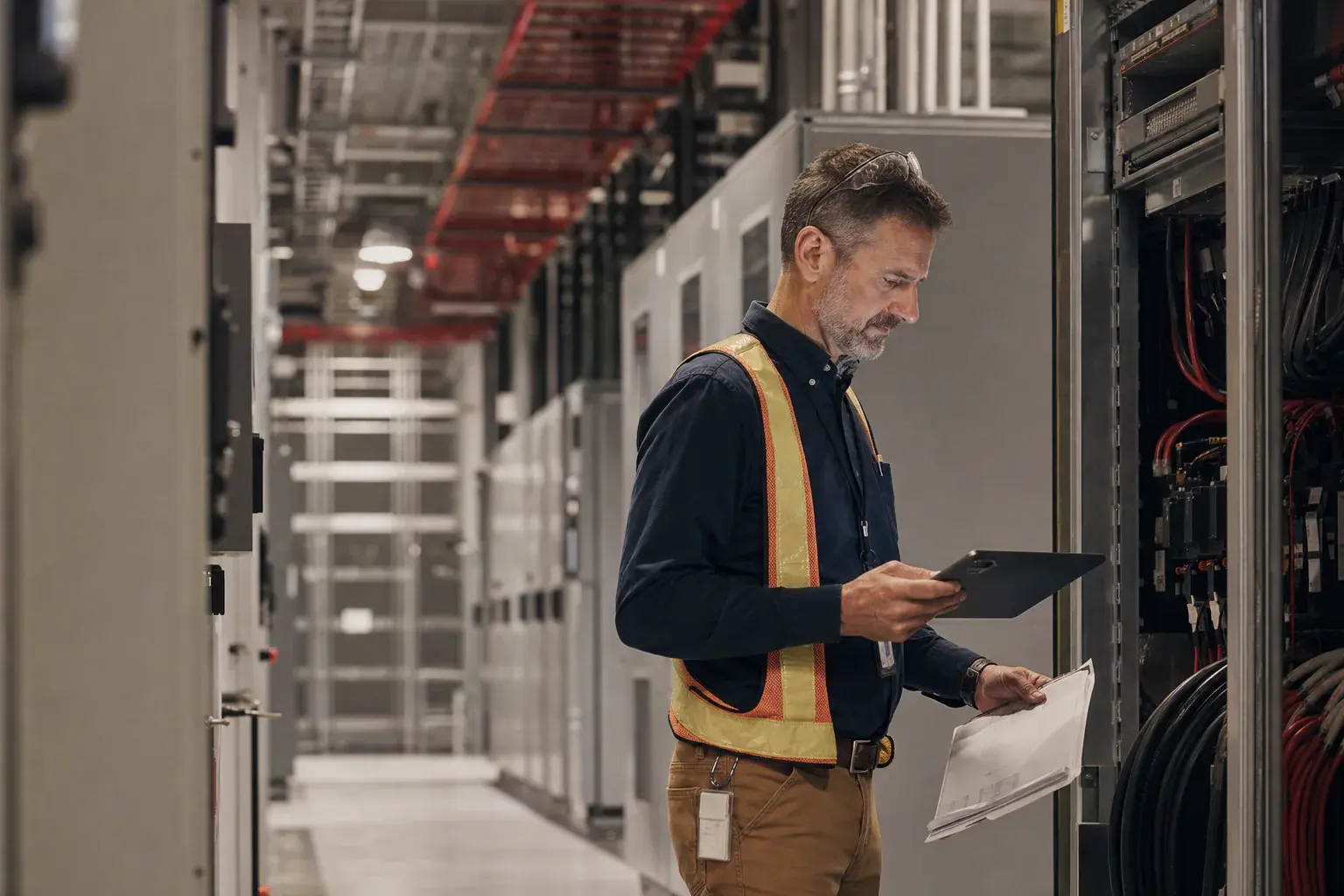 A commissioning engineer reviewing field notes in a data center
