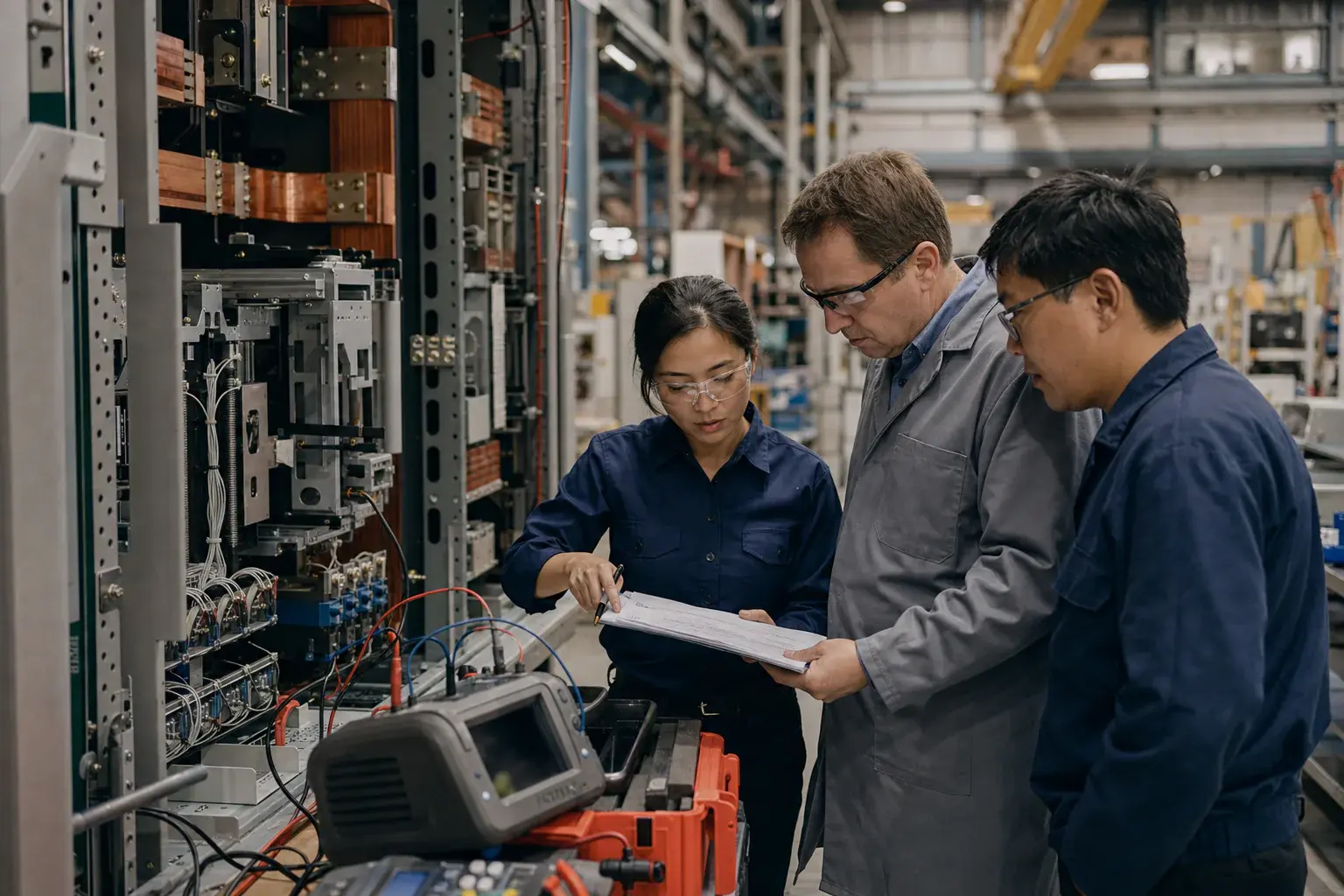 Procurement and engineering professionals conducting a factory witness test